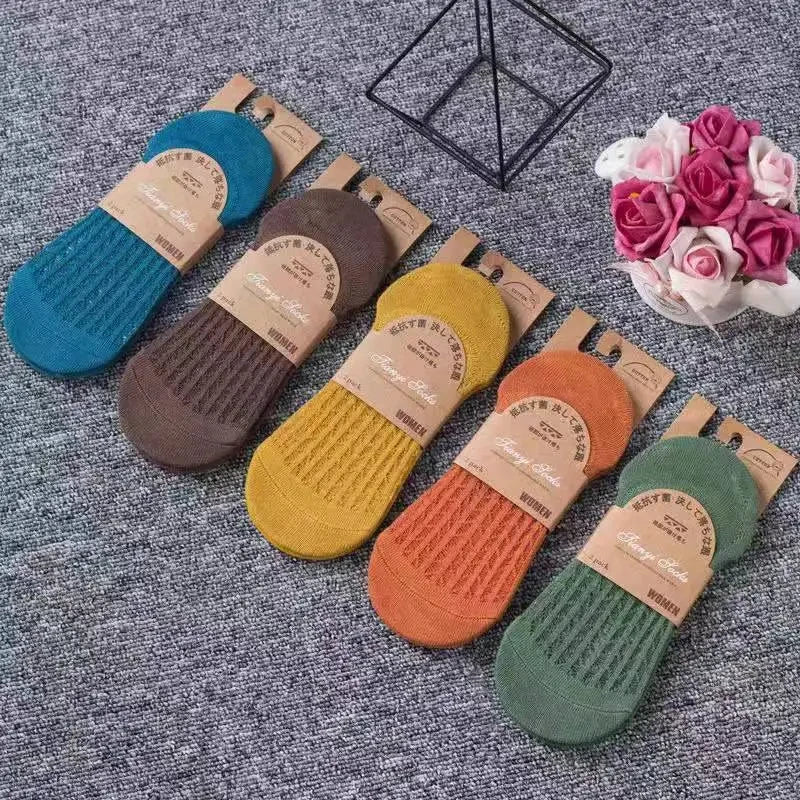 5 Pairs Women's Silicone Invisible Boat Socks - Summer Solid Color Ankle Socks, Soft Cotton Slipper, Size 35-40 EUR