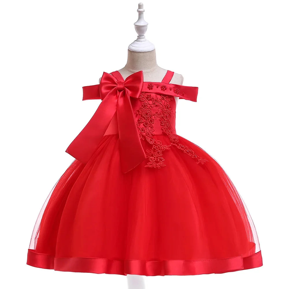 Girls’ Christmas Party Dress - Elegant Appliqué Flower Bow Gown for Weddings, Birthdays & Prom Ages 3–10
