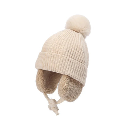 Winter Baby Beanie Hat with Pompom & Earflaps – Thick Wool Plush Knitted Cap for Girls & Boys, Ages 2-8T
