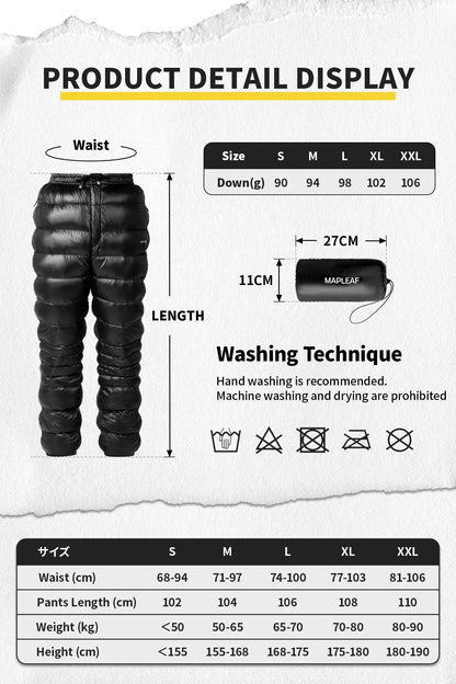 MAPLELEAF Ultralight Down Pants – 800FP Warm Winter Ski, Snow, Windproof & Waterproof Trousers for Camping & Hiking