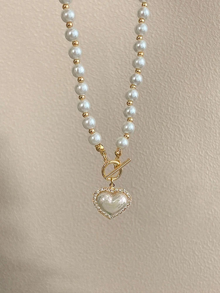 Elegant Pearl Necklace for Women – Heart Pendant Luxury Imitation Pearls Chain, Korean Jewelry Gift for Girls