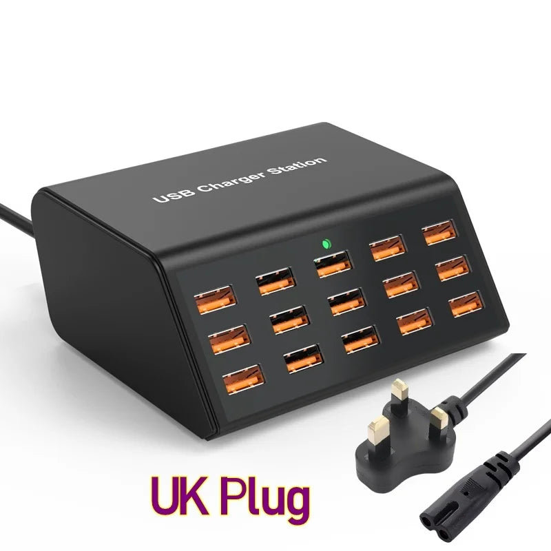 100W Desktop USB Charger — 15-Port Fast Charging Station for iPhone, iPad & Samsung Tablets