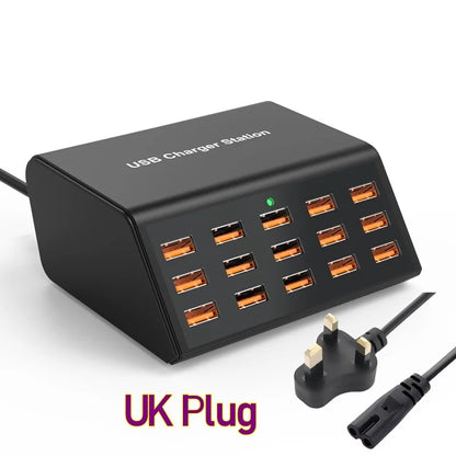 100W Desktop USB Charger — 15-Port Fast Charging Station for iPhone, iPad & Samsung Tablets