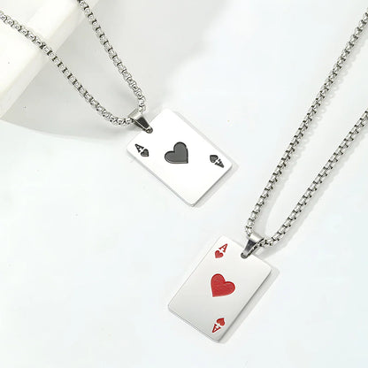 Hip Hop Poker Card Necklace – Stainless Steel Ace of Spades & Hearts Pendant Chain for Men