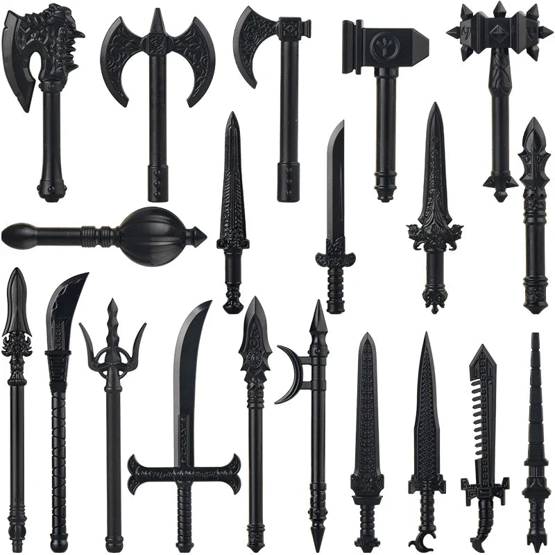 Medieval Figure Weapons Building Blocks Kit – King Sword, Lion Shield, Trident & Double-Edged Axe Battle Toy