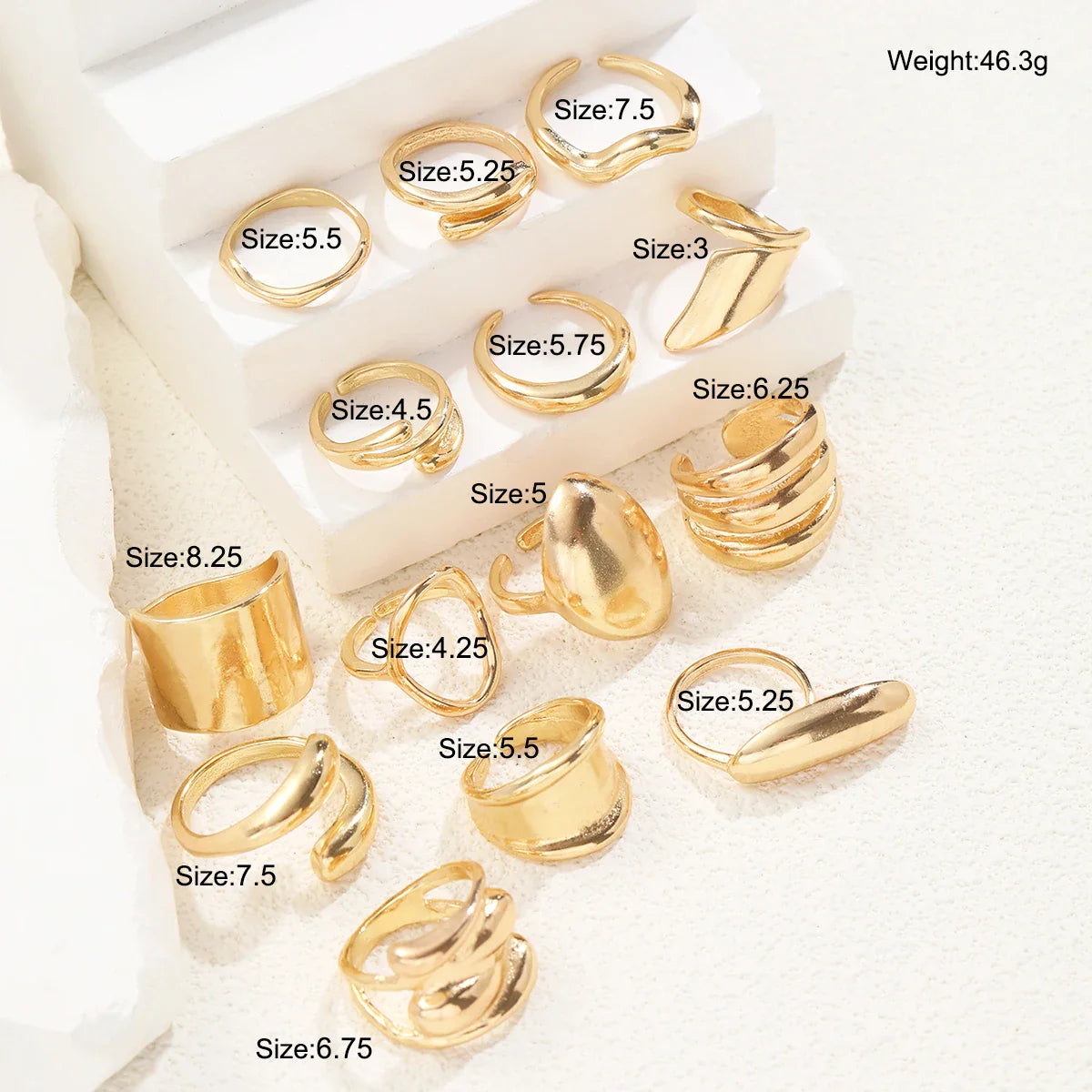 14pcs Gold Geometric Rings Set for Women – Wide Face Smooth Asymmetrical Fashion Jewelry Gift