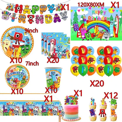 Number Birthday Building Blocks Party Decorations Set – Tablecloth, Banner, Balloons & Cake Topper for Kids & Baby Shower Supplies