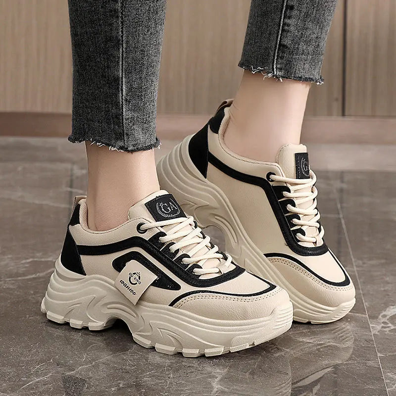 Women’s Leather Sneakers – Height-Increasing Lace-Up Platform Shoes, Casual Outdoor Vulcanized Designer Footwear