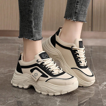 Women’s Leather Sneakers – Height-Increasing Lace-Up Platform Shoes, Casual Outdoor Vulcanized Designer Footwear