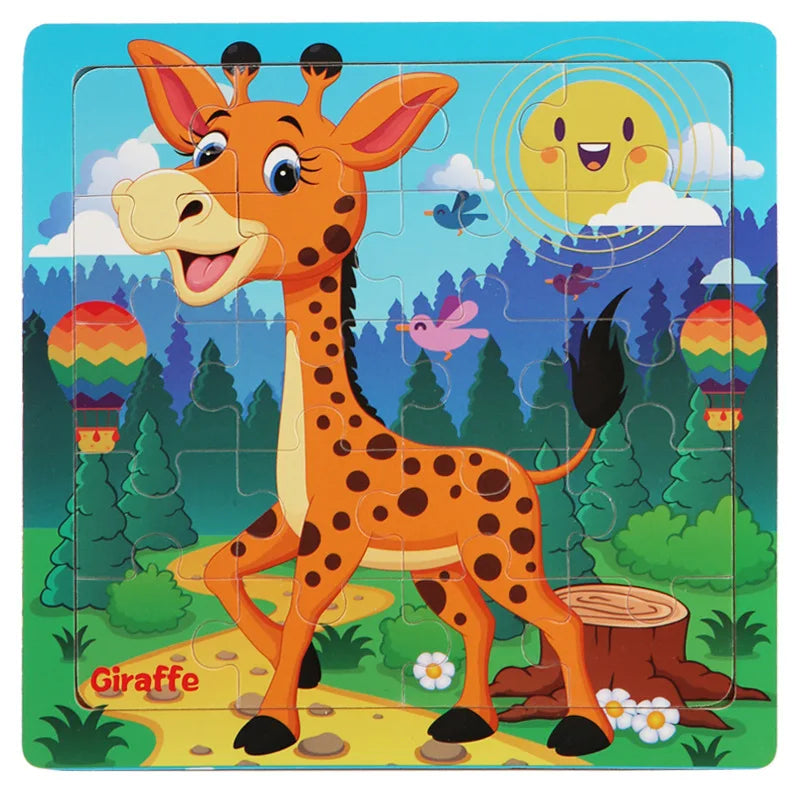 20PCS Wooden 3D Cartoon Animal & Vehicle Puzzle – Montessori Educational Jigsaw Toys for Kids Ages 1–3