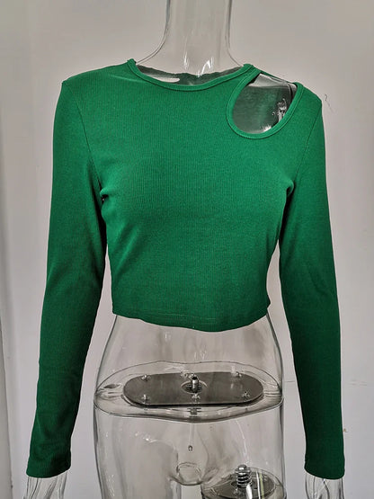 Chic Comfort: Autumn Winter Ribbed Knitted T-Shirts for Women - Green Spring Cut-Out White Long Sleeve Crop Tops, Casual Tees