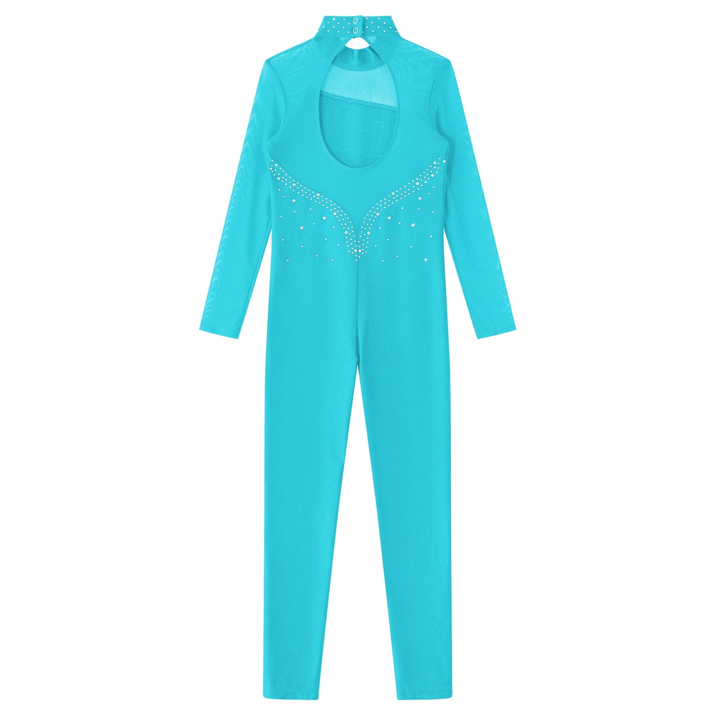Kids Girls Long Sleeve Rhinestone Bodysuit — Full Body Dancewear Gymnastics Leotard Skating Jumpsuit
