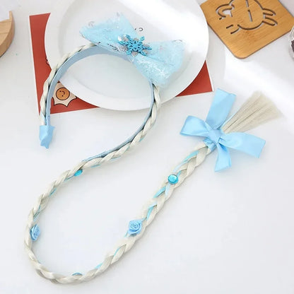 Girls Elsa Cosplay Headband - Snowflake Crown & Braid Hair Accessory, Princess Bow Hair Ornament