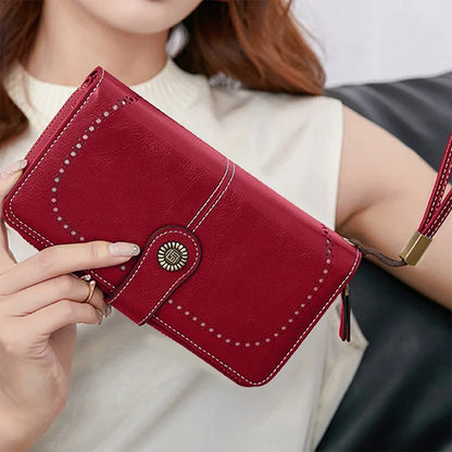 Vintage Large Capacity Women's Purse – Monochromatic Multi-Card Long Wallet with Zipper & Wrist Strap