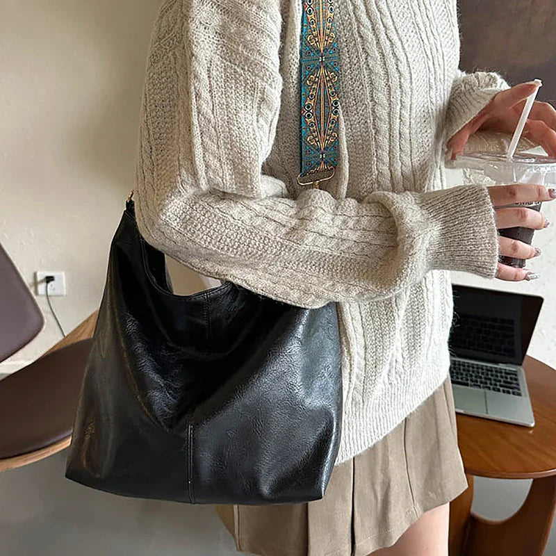 Wide Geometric Strap Shoulder Bag - Large Capacity Crossbody PU Leather Bag for Women, Retro Style for Shopping and Travel
