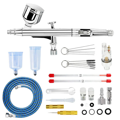 Dual-Action Gravity Airbrush Kit with 0.2/0.3/0.5mm Needles, 7/20/40cc Cups & Cleaning Tools for Makeup, Nail Art, Painting & Car Detailing