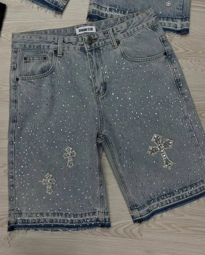 Streetwear Vintage Rhinestone Denim Shorts – Y2K Washed Baggy Casual Over-the-Knee Shorts for Men & Women
