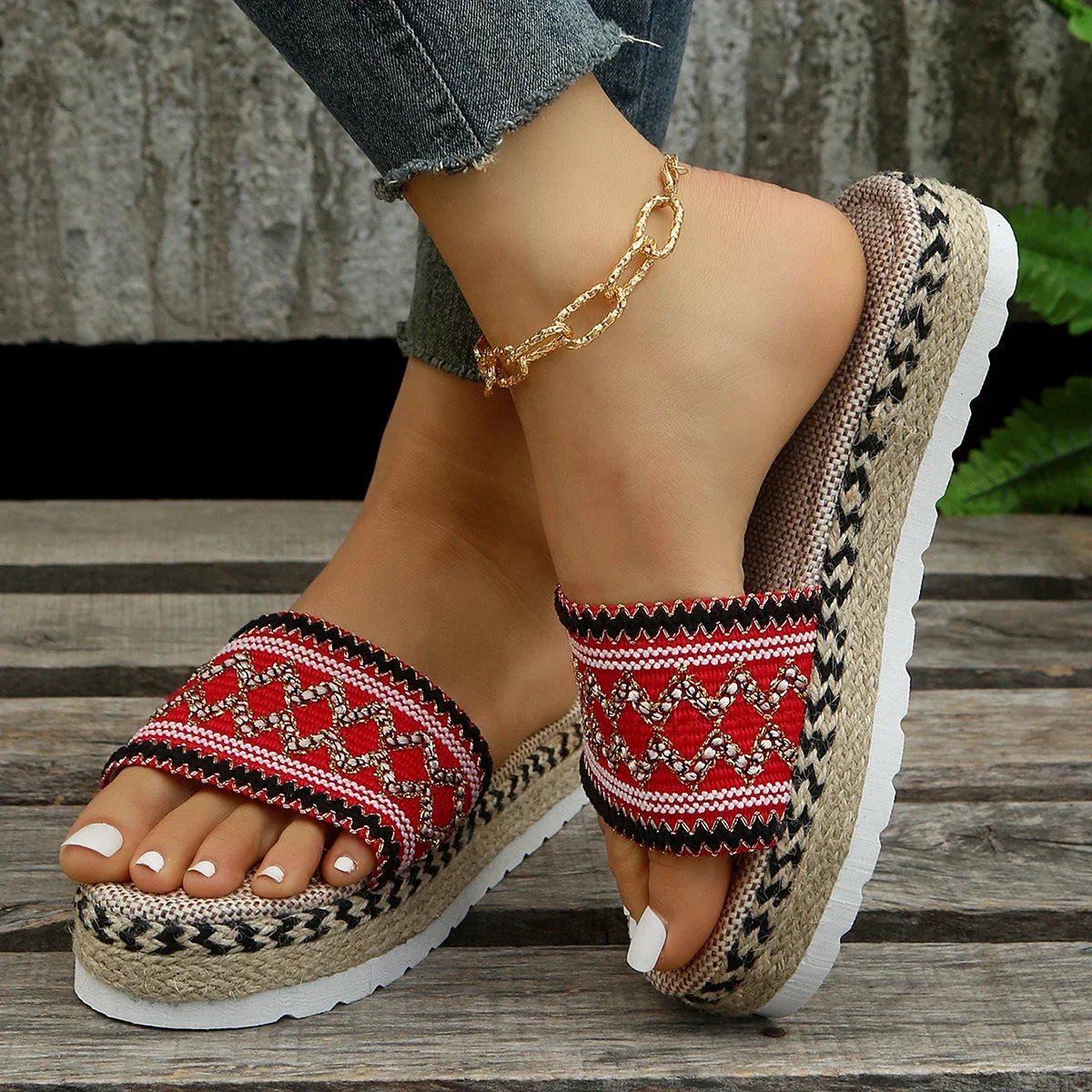 Bohemian Weave Women's Platform Slippers – Handmade Espadrille Sandals, Summer 2023 Beach & Casual Heels
