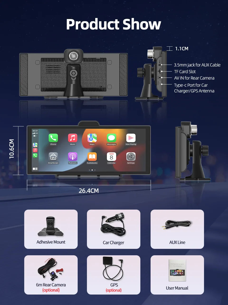 Imagebon 11.4″ H70 Pro 4K QLED Dash Cam - Wireless CarPlay & Android Auto, Dual Recording, Night Vision Car DVR