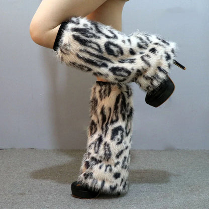 Faux Fur Leopard Leg Warmers – Thick Y2K Long Tube Plush Stockings Japanese Lolita JK Boots Cover