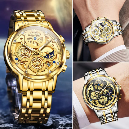 OLEVS Luxury Men's Quartz Watch – Gold Skeleton Style, Waterproof, 24-Hour Day/Night, Top Brand