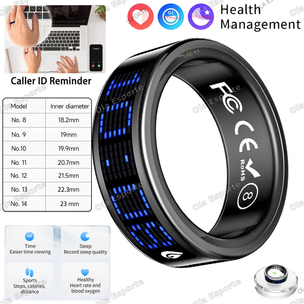 Smart Ring with Display Screen & Touch Control – Call ID Reminder, Tasbih Counter, Health Manager, 5ATM Waterproof Multi-Sport Mode Fitness Ring for Men & Women