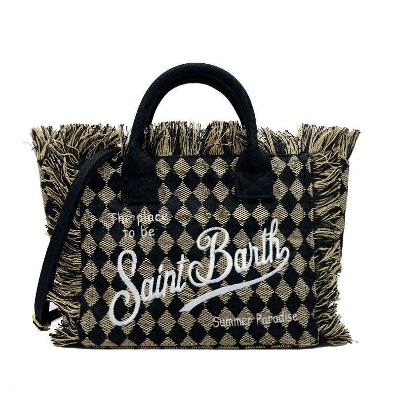 SAINT BARTH Houndstooth Crossbody Bag – Small Cotton Linen Handmade Tote with Tassels for Women