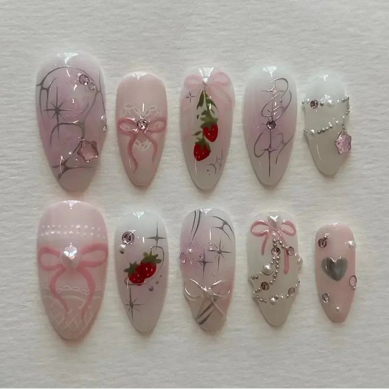 24PCS Pink Almond Press On Nails - Butterfly Ballet French Design Artificial Nail Tips for Stylish Nail Art