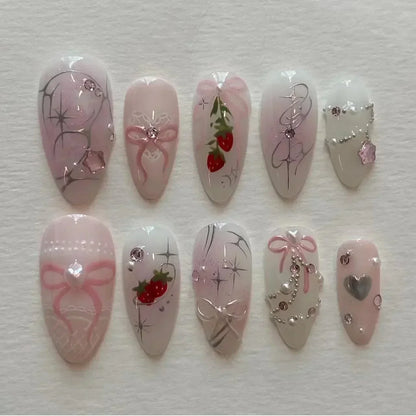 24PCS Pink Almond Press On Nails - Butterfly Ballet French Design Artificial Nail Tips for Stylish Nail Art