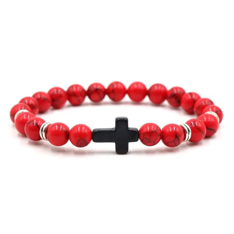 Natural Stone & Wood Bead Rosary Bracelet - Hematite Cross Meditation & Yoga Jewelry for Men & Women