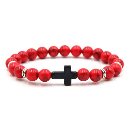 Natural Stone & Wood Bead Rosary Bracelet - Hematite Cross Meditation & Yoga Jewelry for Men & Women