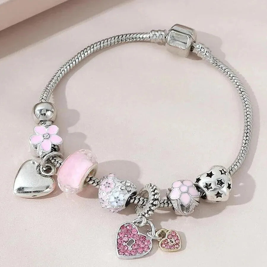 Obega Love Heart Flower Glass Pendant Charm Bracelet – Adjustable Pink & White Crystal Stone Bead Bracelet in Silver/Gold