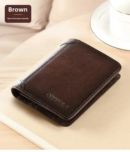 Genuine Leather Men’s Wallet – RFID Blocking Trifold, Vintage Thin ID & Credit Card Holder, Multi-Function Purse
