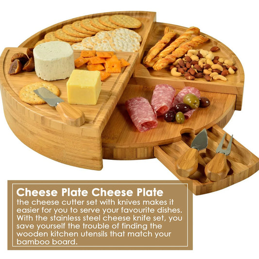 Bamboo Cheese Board with Knife Set – 37cm Rotating Serving Plate, Perfect for Gifts & Appetizers