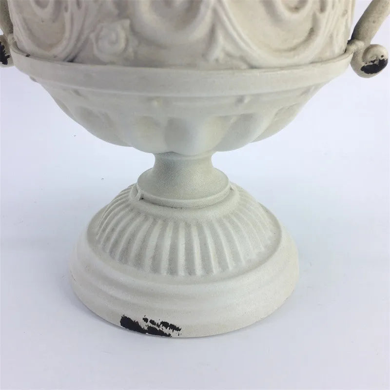 Old Goblet Antique Flower Vase – White Retro European Iron Table Arrangement Container with Handles