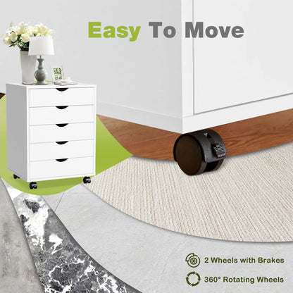Wood Nightstand Cabinet with 5 Drawers – Waterproof Surface Storage Organizer with Rotating Wheels, Easy-Move Bedside Table for Office