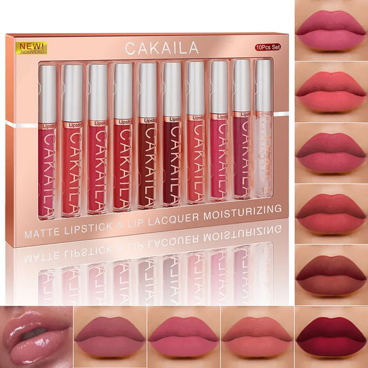 CAKAILA 10-Piece Nude Matte Lip Gloss Set – Waterproof Velvet Liquid Lipstick & Moisturizing Lip Tint for Women