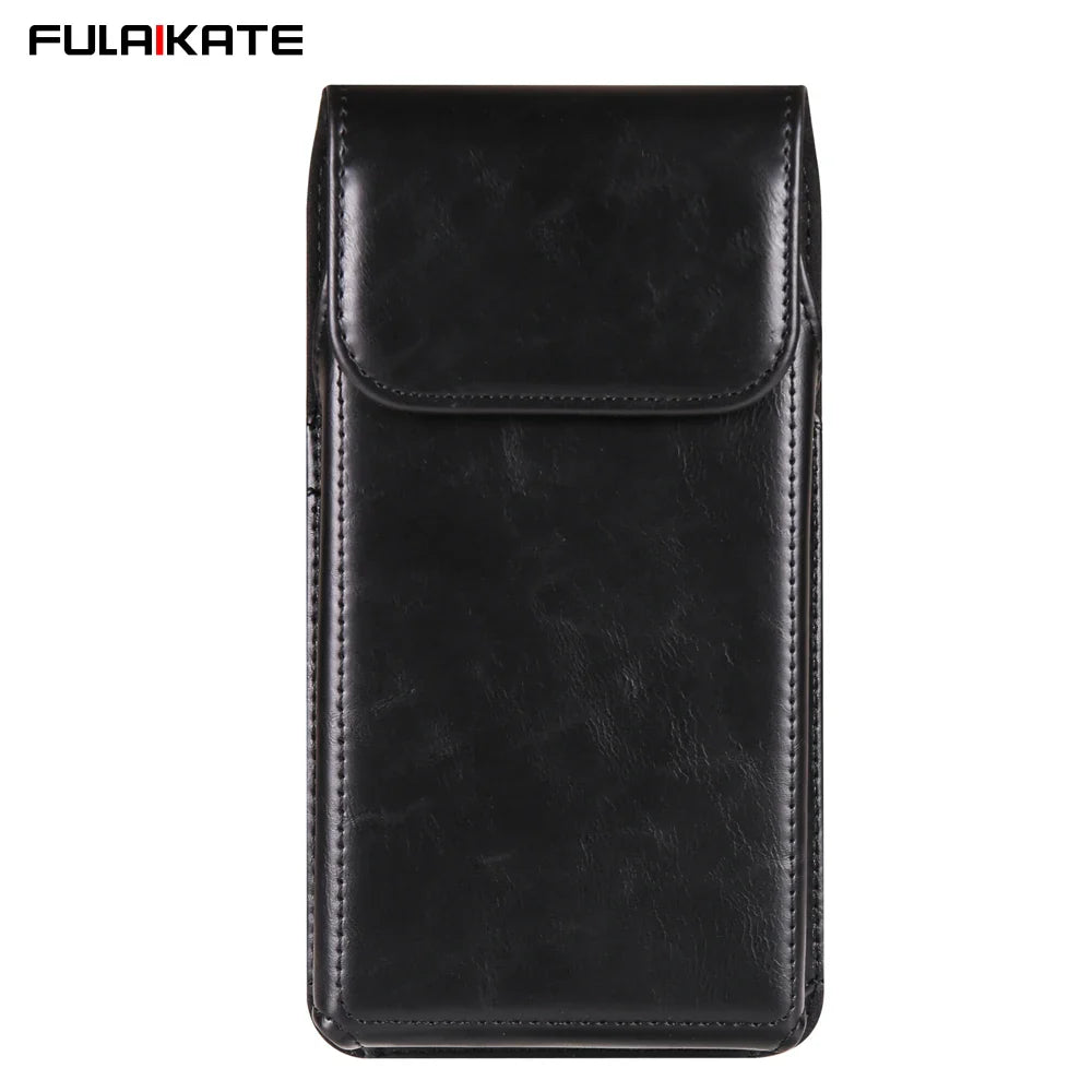 FULAIKATE 6.1"-7.2" Men's Leather Waist Phone Bag – High-Grade Crazy Horse Vertical Pouch for iPhone 14 Pro Max & Samsung Note23