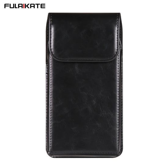 FULAIKATE 6.1"-7.2" Men's Leather Waist Phone Bag – High-Grade Crazy Horse Vertical Pouch for iPhone 14 Pro Max & Samsung Note23