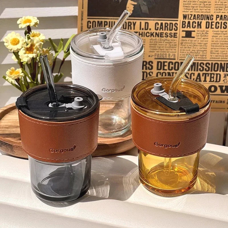 400ml Double Drinking Mouth Water Bottle – Transparent Glass Coffee Mug with Straw & Lid, Creative Beer & Beverage Cup