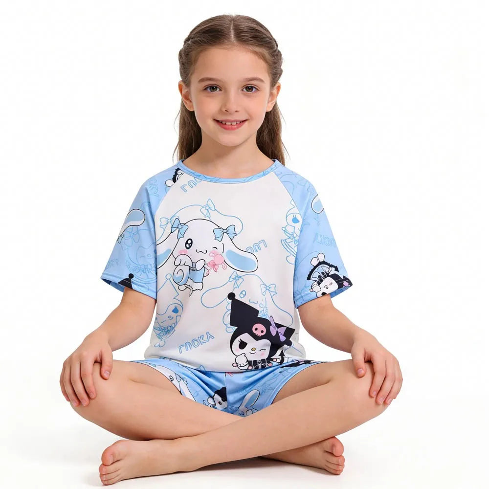Girls’ Summer Pajama Set – Hello Kitty & Kuromi Tops with Shorts, Sleepwear for Ages 3-12