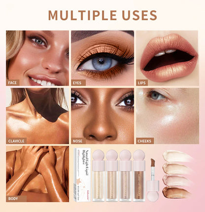 4-Color Liquid Face Highlighter — Bronzer & Contour Shimmer Makeup