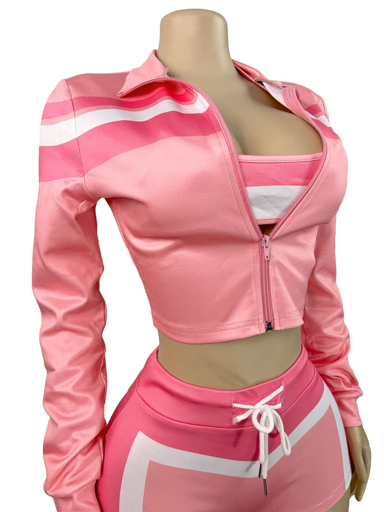 2025 Trending Women’s Summer 3-Piece Tracksuit – Color Block Sports Bra, Jacket & Shorts Gym Workout Set