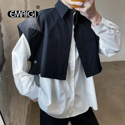 Men’s Wide Shoulder Sleeveless Shirt – Loose Casual Short Style Streetwear, Japan & Korea Fashion