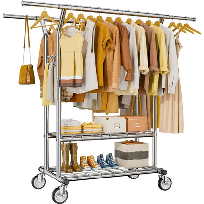 Rolling Double Rod Clothing Rack with Shelves – Heavy Duty Coat Rack for Hanging Clothes, 620LBS Load Capacity