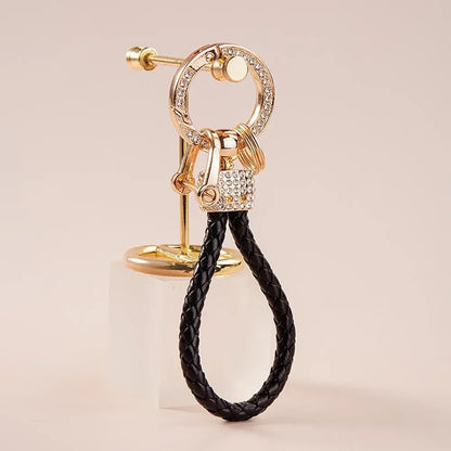 Handcrafted Braided Rope Keychain – Sparkling Rhinestone Car Key Ring, Stylish Monochrome Fashion Accessory