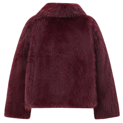 HXAO Women's Fur Coat – 2024 Plush Burgundy Bomber Jacket, Solid Crop Long Sleeve Warm Winter Casual Coat