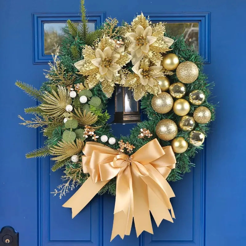 40cm Christmas Wreath with Lantern – Front Door Garland with Large Bow, Seasonal Holiday Ornament for Wall & Door Decor