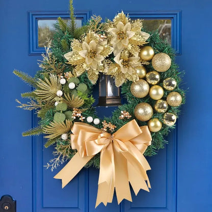 40cm Christmas Wreath with Lantern – Front Door Garland with Large Bow, Seasonal Holiday Ornament for Wall & Door Decor