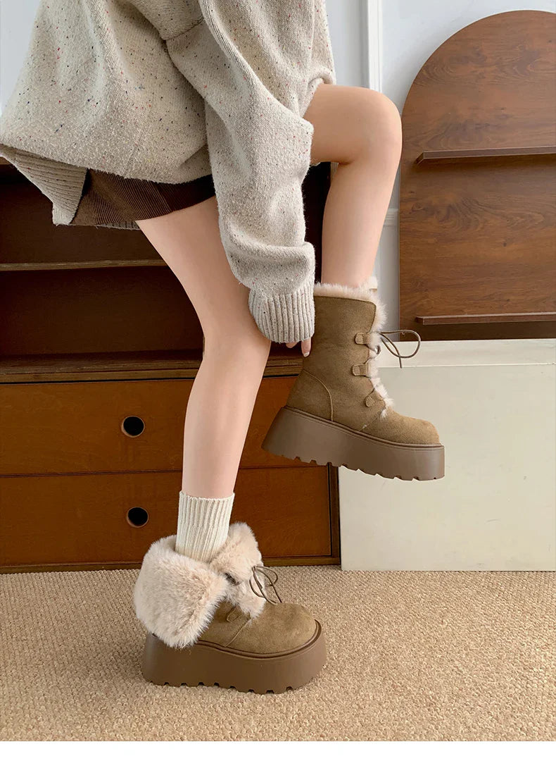 Women’s Winter Chunky Sole Fur Snow Boots – Cozy Height-Boosting Cotton Short Booties